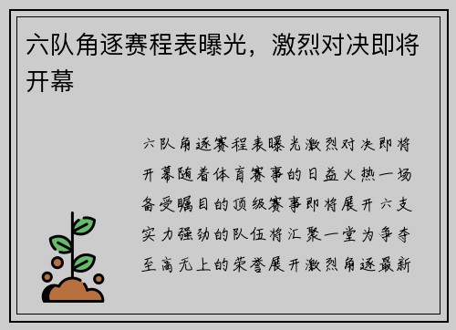 六队角逐赛程表曝光，激烈对决即将开幕